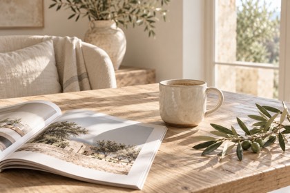 Ceramic mug in a warm editorial setting