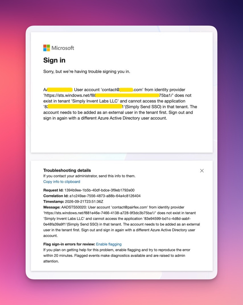 Microsoft Entra error showing that an account from another tenant cannot access the Simply Send application